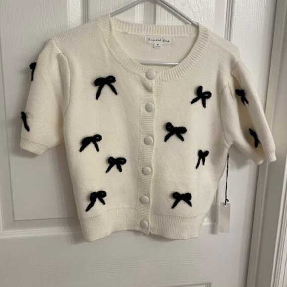 New Threaded Leaf Cardigan/Sweater with Knitted Bow Embellishments Size M - Picture 1 of 7
